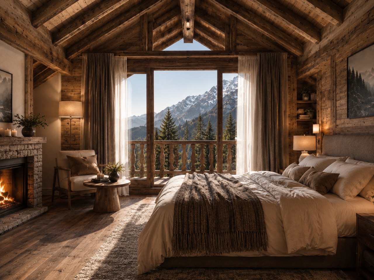 Ruhiges Schlafzimmer mit Bergblick