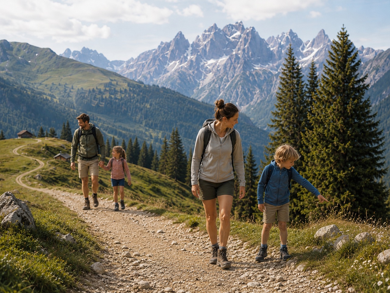 Familie beim Wandern vor Bergpanorama