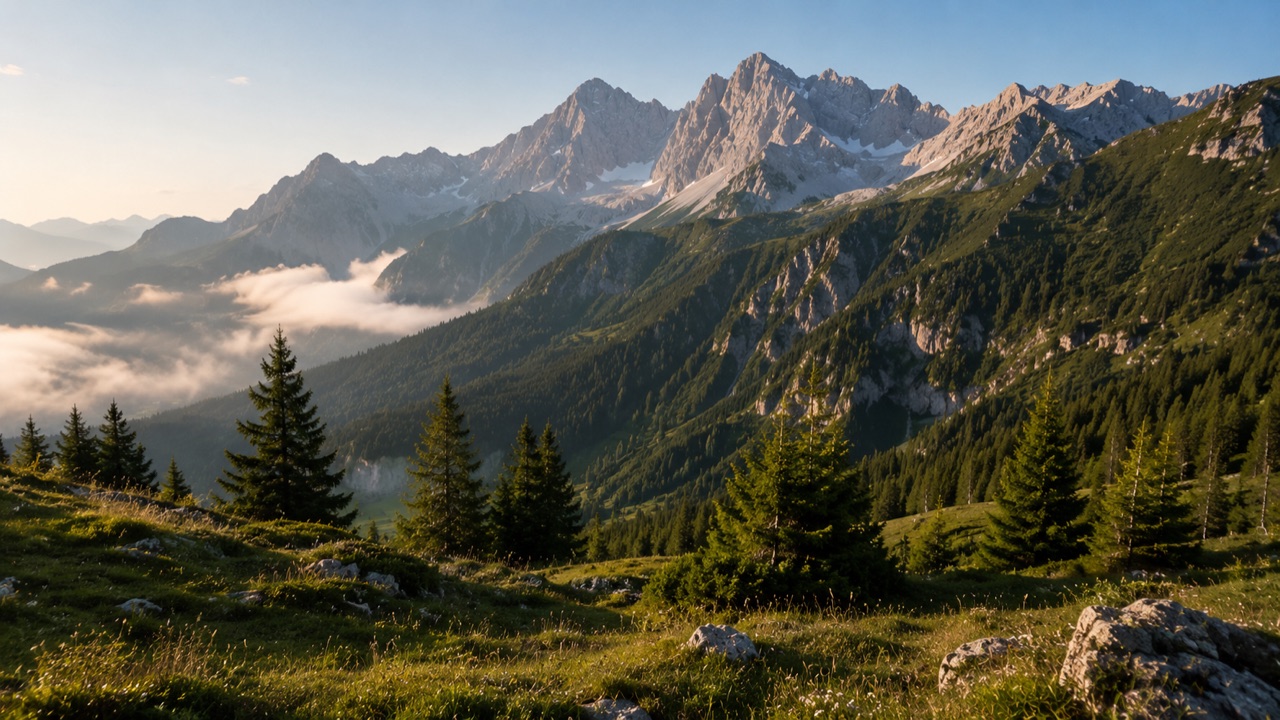Weites Bergpanorama bei Sonnenaufgang