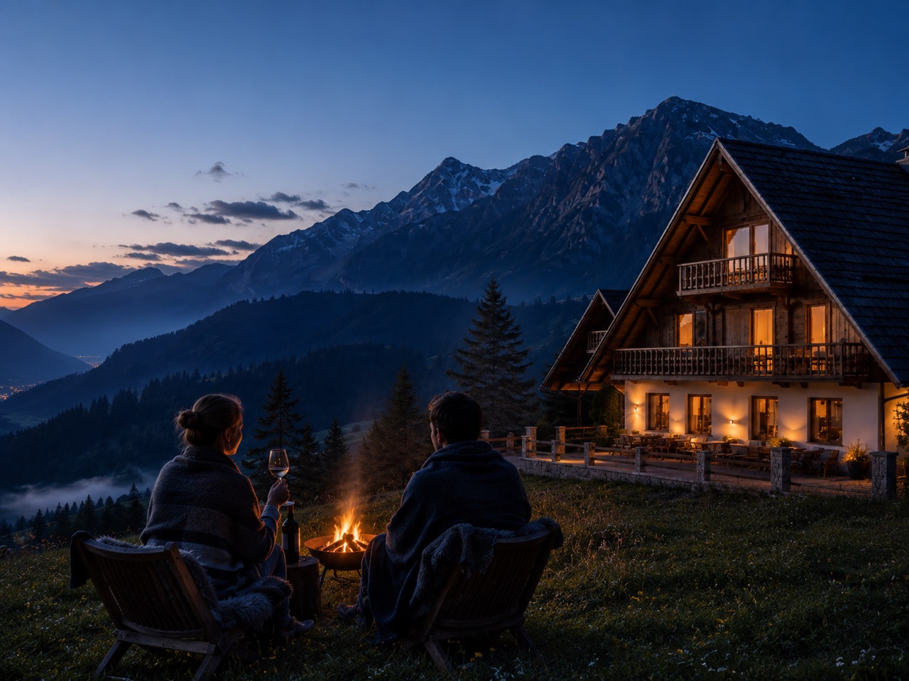 Paar am Lagerfeuer vor dem beleuchteten Chalet in der Abenddämmerung