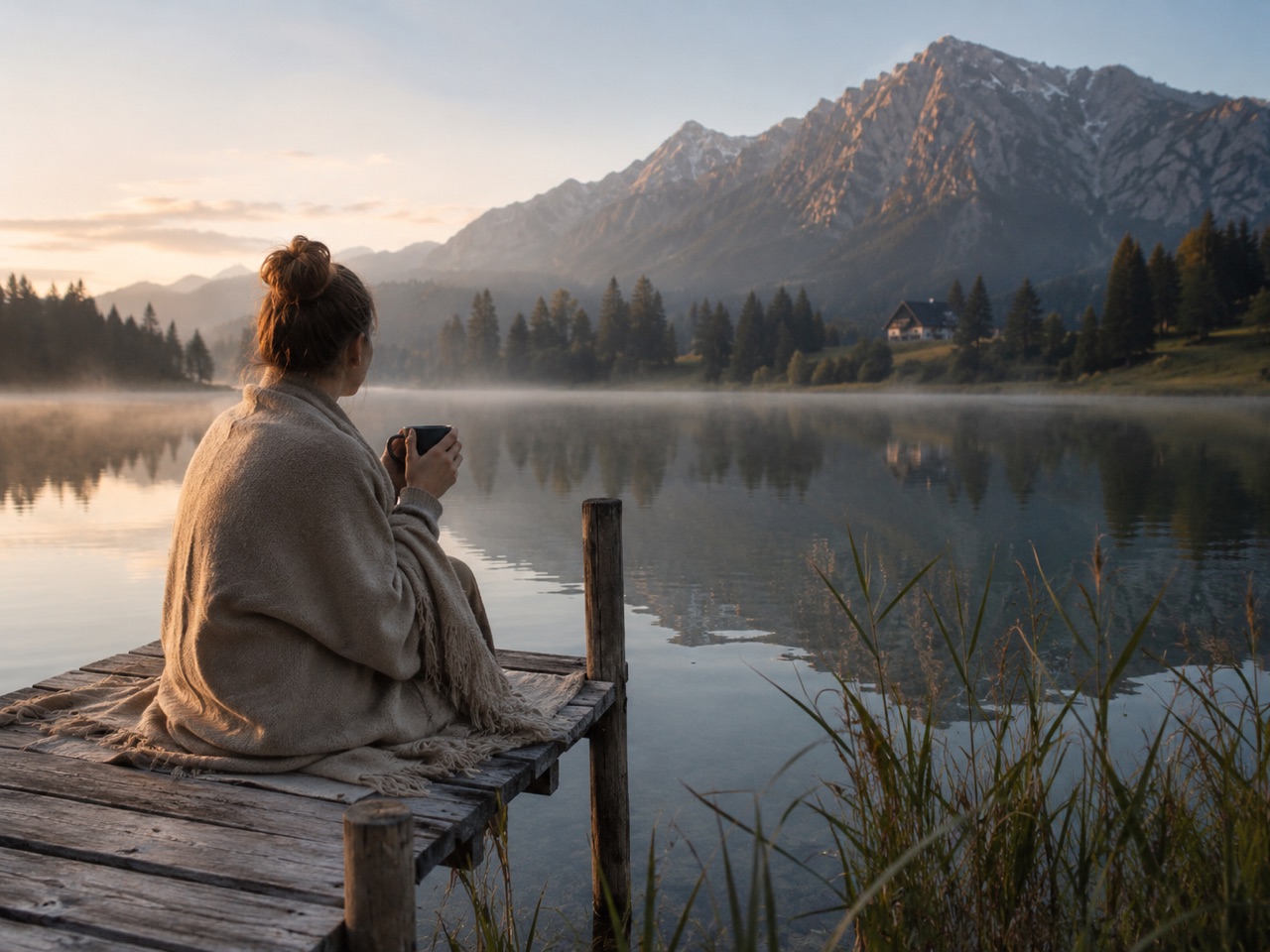 Frau mit Kaffee am nebligen Bergsee im Morgenlicht
