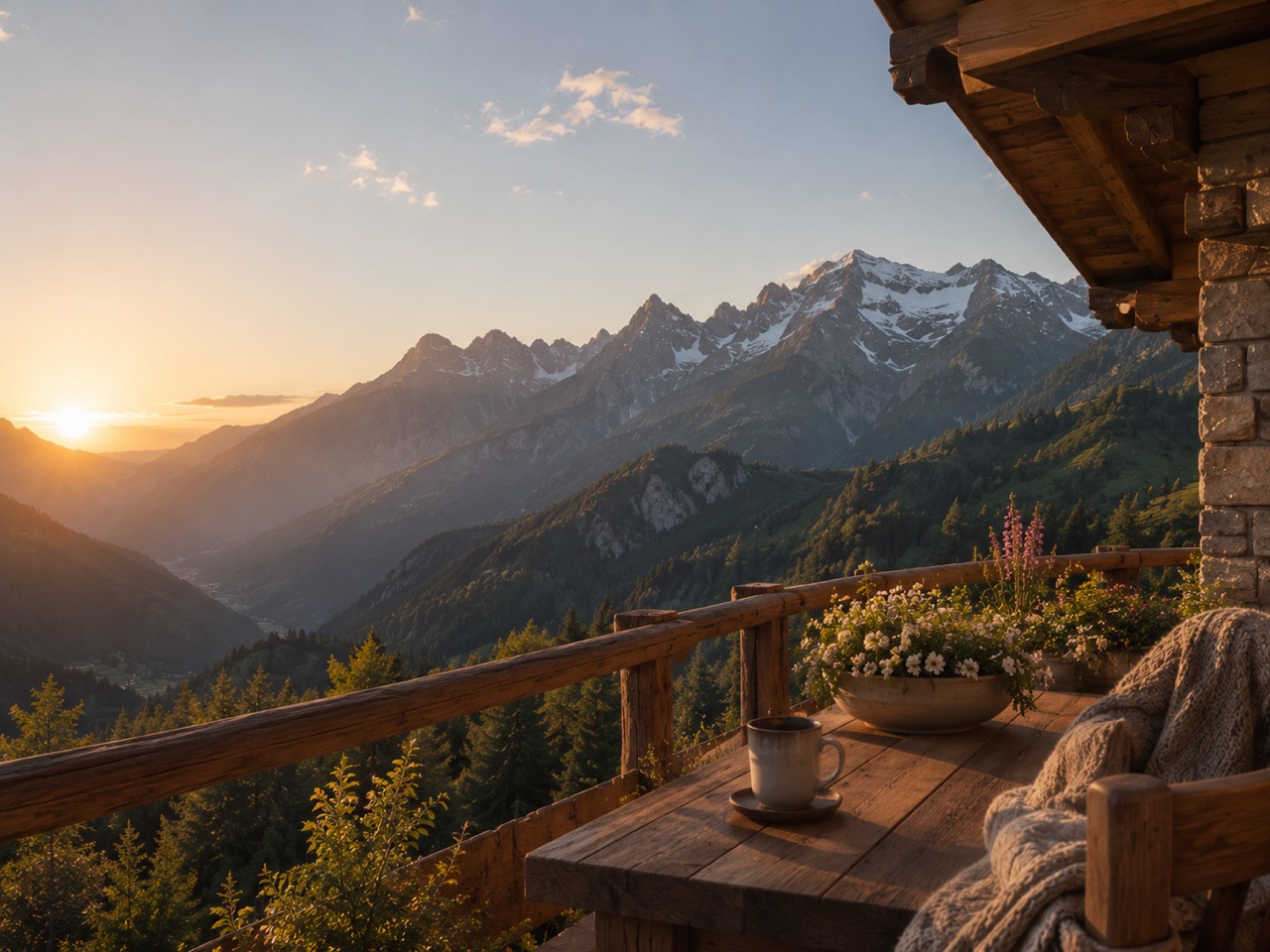 Kaffee auf dem Balkon mit Bergblick bei Sonnenaufgang