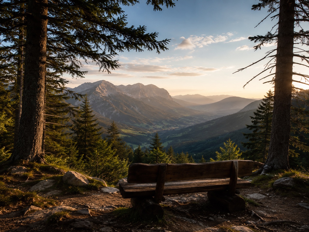 Holzbank am Waldrand mit Blick ins Tal