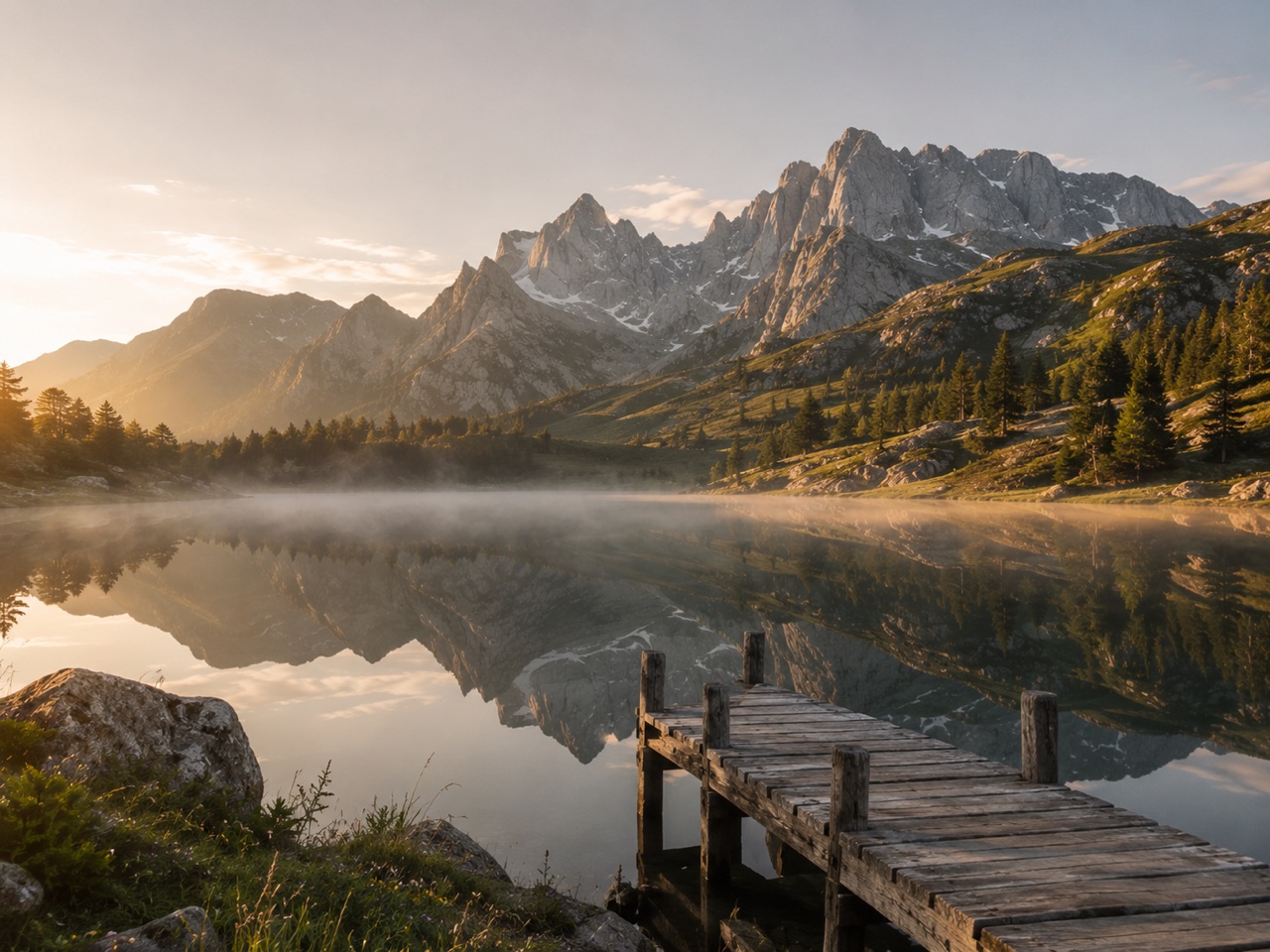 Bergsee mit Steg und Spiegelung im Morgennebel