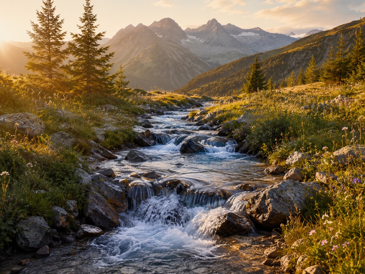 Gebirgsbach in alpiner Wiese im Abendlicht